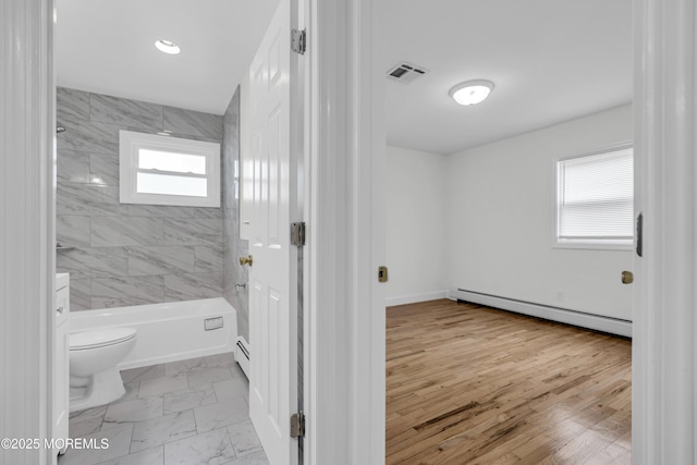 925 Edgebrook Dr N, Toms River, NJ 08757 - full bathroom with a baseboard heating unit, washtub / shower combination, and marble finish flooring