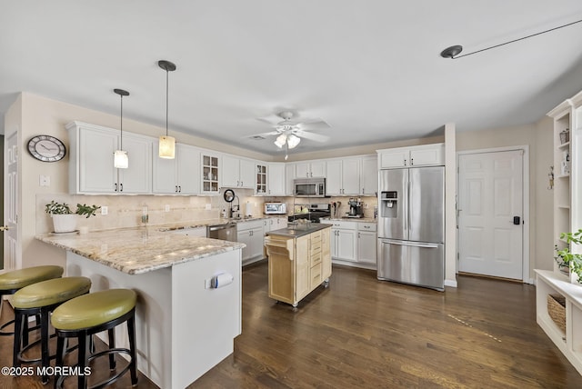 1587 Fort St, Brick, NJ 08724 - kitchen with stainless steel appliances, a peninsula, ceiling fan, glass insert cabinets, and white cabinetry