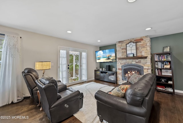 1587 Fort St, Brick, NJ 08724 - living area featuring a stone fireplace, wood finished floors, and recessed lighting