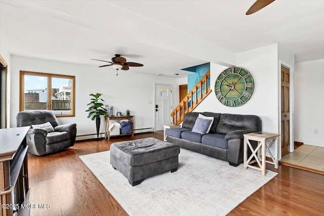 322 Dock Rd, West Creek, NJ 08092 - living room with ceiling fan, wood finished floors, and a baseboard radiator