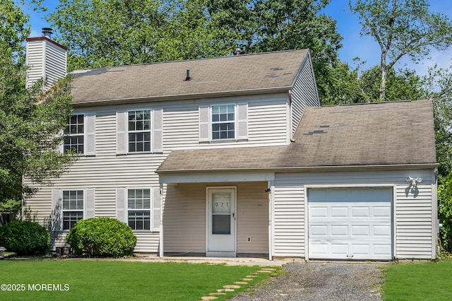 971 Center St, Little Egg Harbor, NJ 08087 - view of front of property featuring a garage, a chimney, a shingled roof, a front yard, and gravel driveway