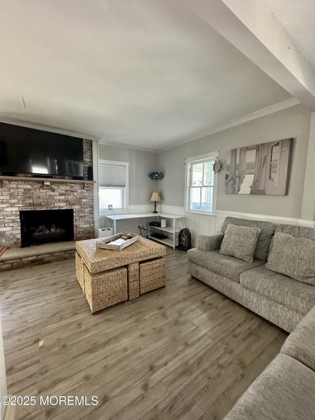 224 5th St Unit A, Beach Haven, NJ 08008 - living room featuring wood finished floors, a fireplace with raised hearth, crown molding, and a wainscoted wall