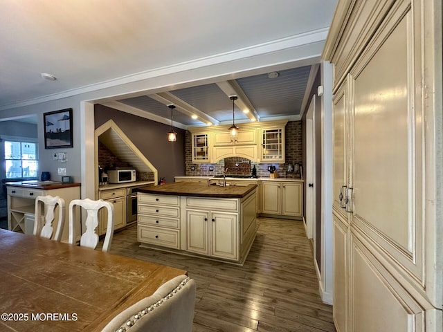 224 5th St Unit A, Beach Haven, NJ 08008 - kitchen with cream cabinetry, butcher block counters, decorative backsplash, glass insert cabinets, and white microwave