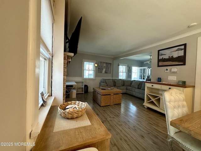 224 5th St Unit A, Beach Haven, NJ 08008 - living area featuring crown molding, a ceiling fan, and wood finished floors