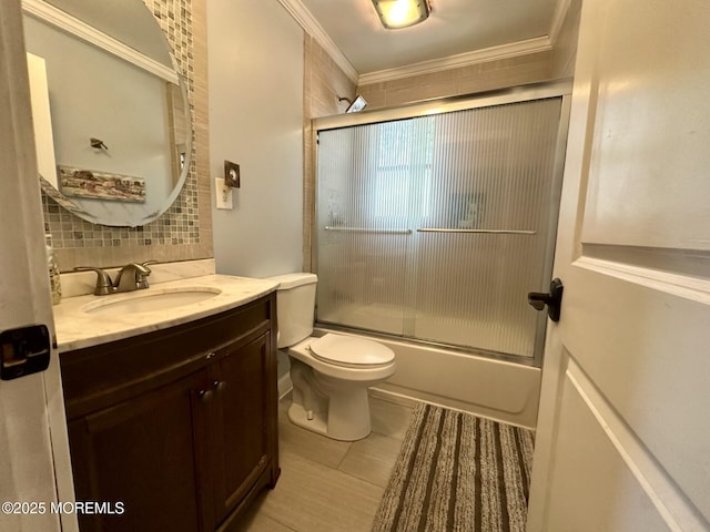 224 5th St Unit A, Beach Haven, NJ 08008 - bathroom with vanity, backsplash, enclosed tub / shower combo, crown molding, and tile patterned flooring