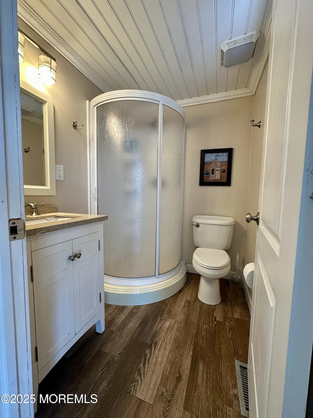 224 5th St Unit A, Beach Haven, NJ 08008 - bathroom with ornamental molding, vanity, wood finished floors, a stall shower, and wood ceiling