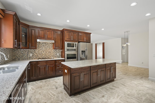 29 Lorton Rd, Old Bridge, NJ 08857 - kitchen featuring stainless steel appliances, backsplash, a kitchen island, recessed lighting, and glass insert cabinets