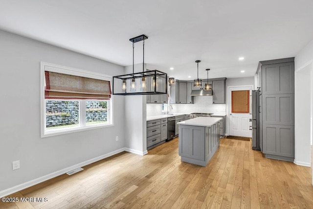 1207 Bayberry Rd, Manasquan, NJ 08736 - kitchen featuring gray cabinets, appliances with stainless steel finishes, light countertops, a kitchen island, and recessed lighting