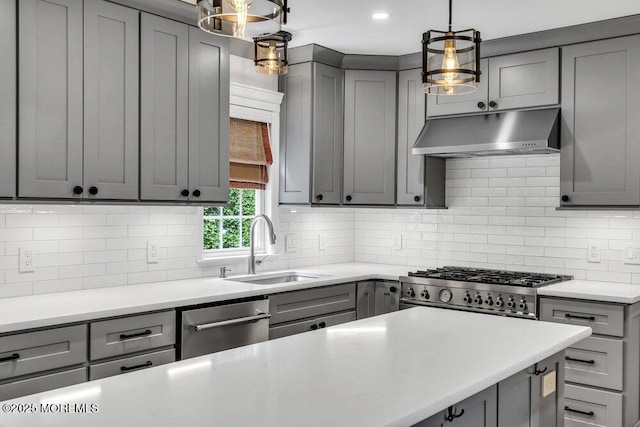 1207 Bayberry Rd, Manasquan, NJ 08736 - kitchen with under cabinet range hood, gray cabinetry, and dishwasher