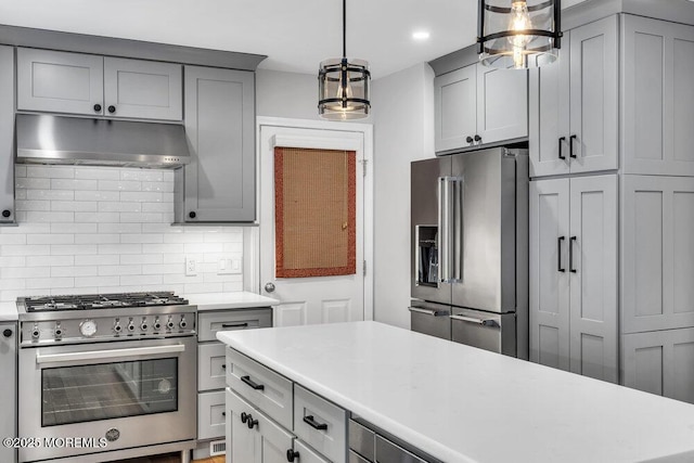1207 Bayberry Rd, Manasquan, NJ 08736 - kitchen with high end appliances, extractor fan, gray cabinets, light countertops, and decorative backsplash