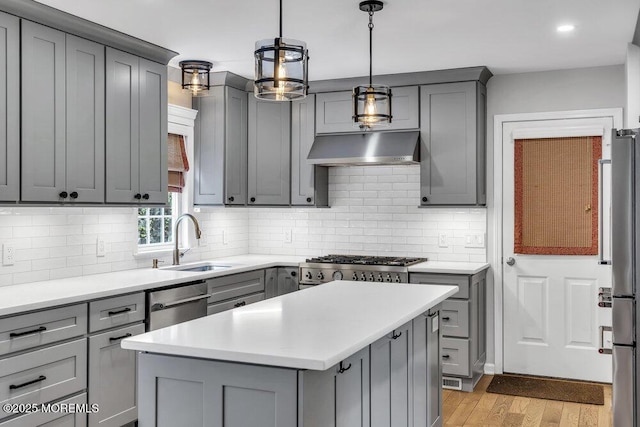 1207 Bayberry Rd, Manasquan, NJ 08736 - kitchen with gray cabinets, under cabinet range hood, stainless steel appliances, light wood finished floors, and light countertops