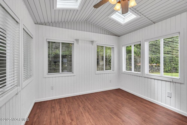1207 Bayberry Rd, Manasquan, NJ 08736 - unfurnished sunroom with a skylight, wood finished floors, vaulted ceiling, a deck, and wooden walls