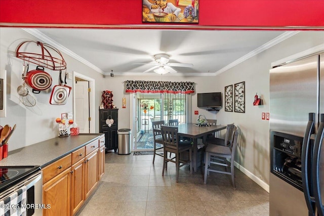 23 Spring St, Franklin Twp, NJ 08873 - dining space featuring ornamental molding, ceiling fan, and light tile patterned flooring