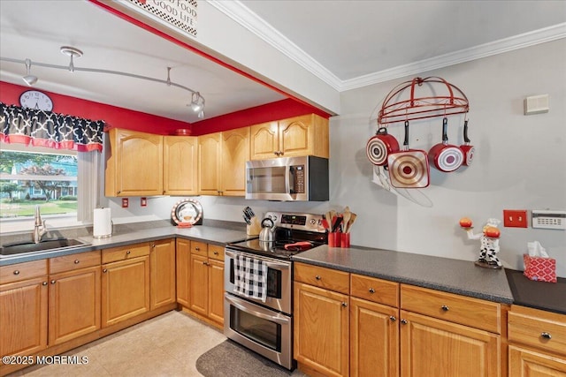 23 Spring St, Franklin Twp, NJ 08873 - kitchen featuring stainless steel appliances, dark countertops, and crown molding