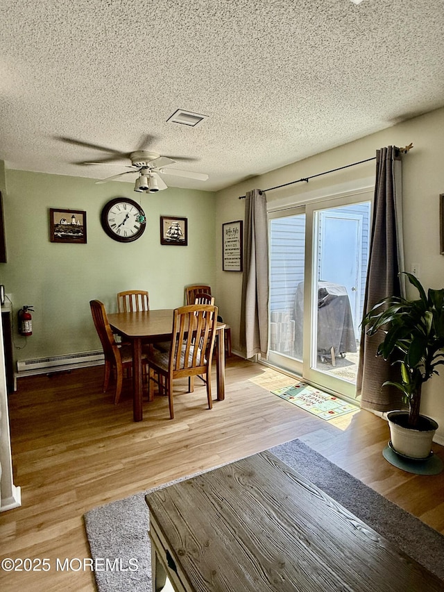 7 S Seas Ct, Barnegat, NJ 08005 - dining area with baseboard heating, a ceiling fan, light wood finished floors, and a textured ceiling