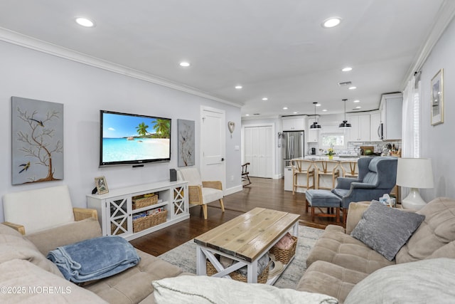 602 Butler Ave, Point Pleasant, NJ 08742 - living room with crown molding, recessed lighting, and dark wood-style floors