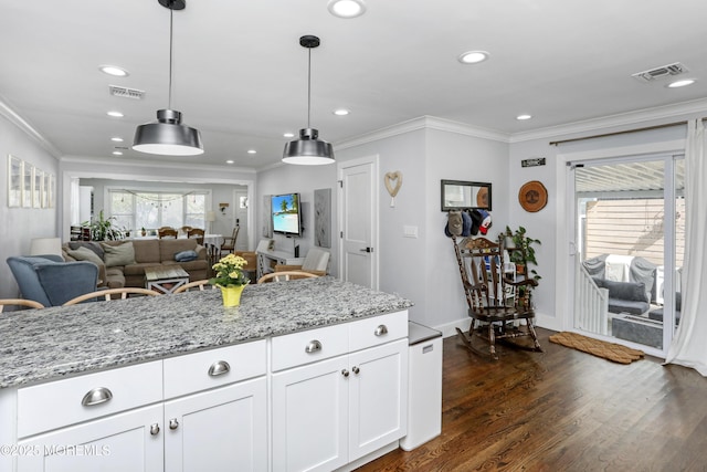 602 Butler Ave, Point Pleasant, NJ 08742 - kitchen with healthy amount of natural light, dark wood-style floors, crown molding, hanging light fixtures, and light stone countertops