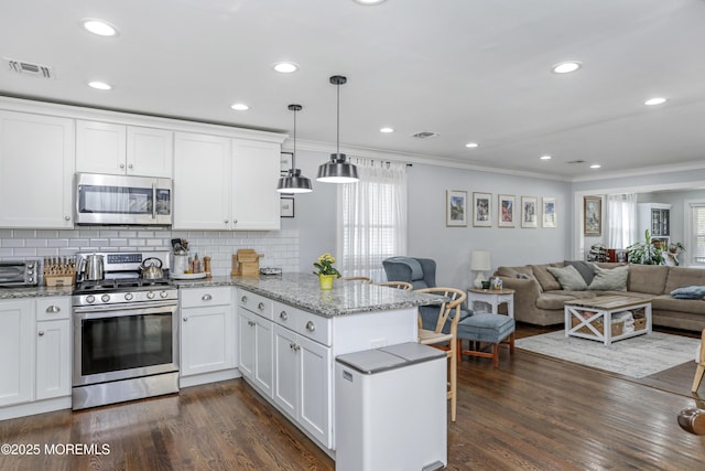602 Butler Ave, Point Pleasant, NJ 08742 - kitchen with crown molding, open floor plan, healthy amount of natural light, a peninsula, and appliances with stainless steel finishes