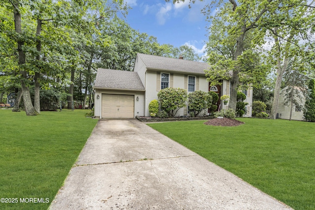 5 Partree Rd, Jackson, NJ 08527 - view of front of house with driveway, a shingled roof, a front lawn, an attached garage, and a chimney