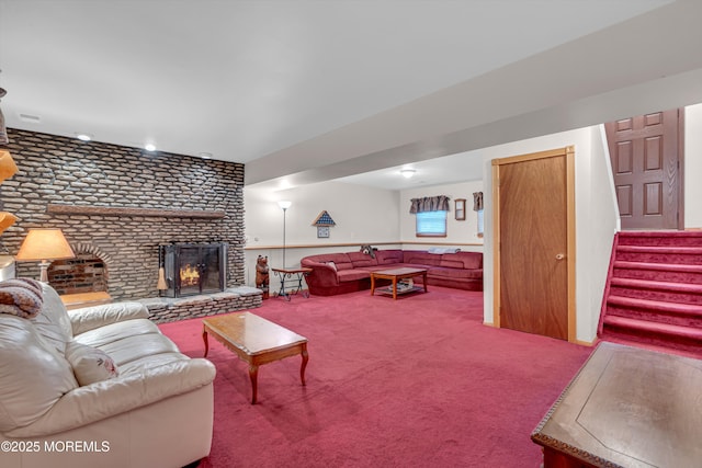 5 Partree Rd, Jackson, NJ 08527 - carpeted living area with a fireplace, stairs, and brick wall