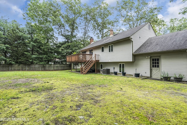 5 Partree Rd, Jackson, NJ 08527 - back of property with stairway, a wooden deck, a shingled roof, and a chimney