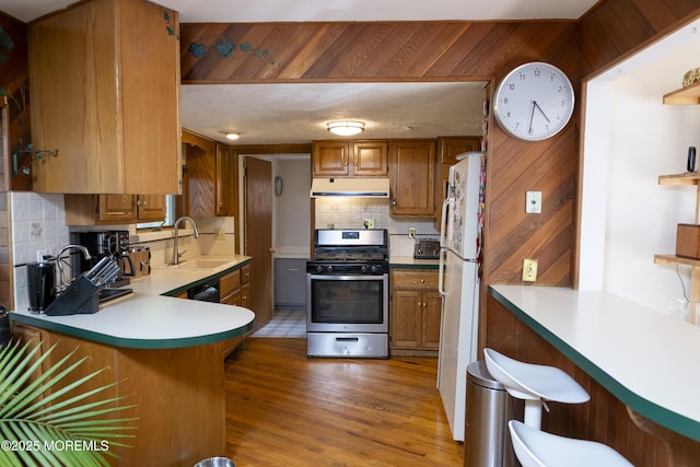 28 Florence Ave, Leonardo, NJ 07737 - kitchen with stainless steel gas stove, under cabinet range hood, tasteful backsplash, brown cabinetry, and freestanding refrigerator