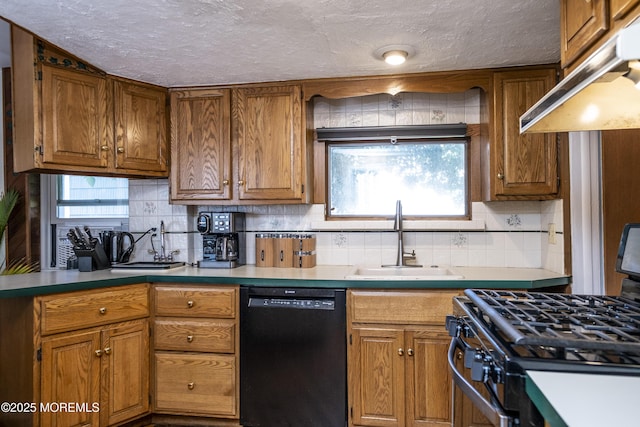 28 Florence Ave, Leonardo, NJ 07737 - kitchen with black dishwasher, under cabinet range hood, range with gas cooktop, decorative backsplash, and a textured ceiling
