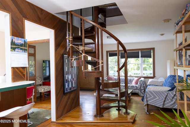 28 Florence Ave, Leonardo, NJ 07737 - living area with stairs, wood finished floors, and wood walls
