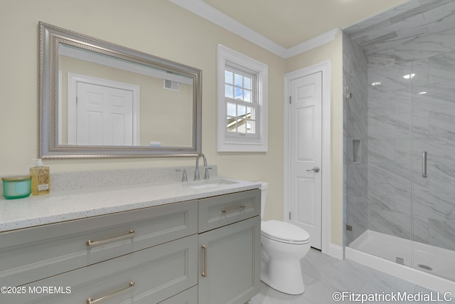 13 Everest Dr N, Brick, NJ 08724 - full bathroom with vanity, marble finish flooring, ornamental molding, and a marble finish shower