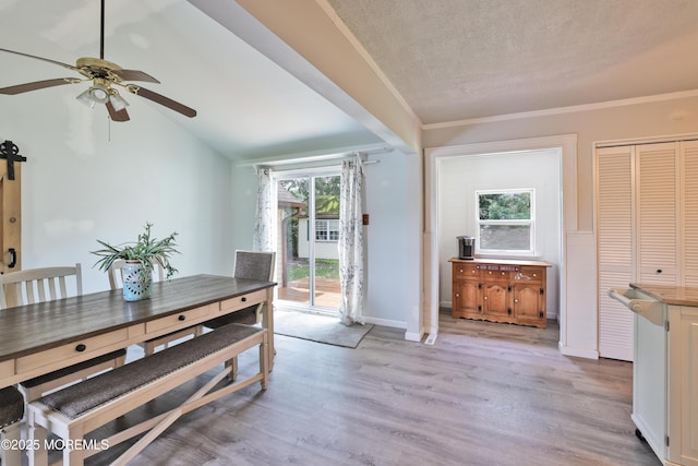 107 Seneca Lake Dr, Little Egg Harbor, NJ 08087 - dining space with ceiling fan, light wood finished floors, a textured ceiling, and vaulted ceiling