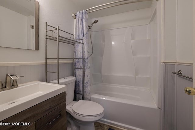 107 Seneca Lake Dr, Little Egg Harbor, NJ 08087 - full bathroom with shower / bathtub combination with curtain, wainscoting, vanity, and a decorative wall
