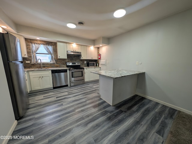 44J Cambridge Ct Unit 2010, Lakewood, NJ 08701 - kitchen with stainless steel appliances, dark wood-style flooring, tasteful backsplash, a peninsula, and white cabinetry