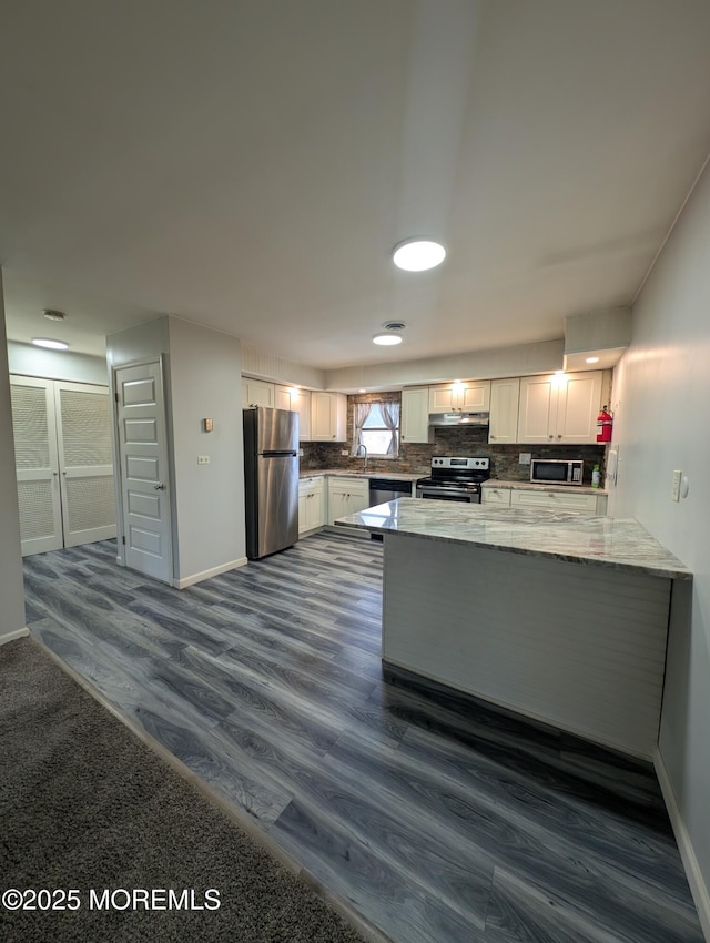 44J Cambridge Ct Unit 2010, Lakewood, NJ 08701 - kitchen featuring a peninsula, tasteful backsplash, stainless steel appliances, dark wood finished floors, and light stone counters