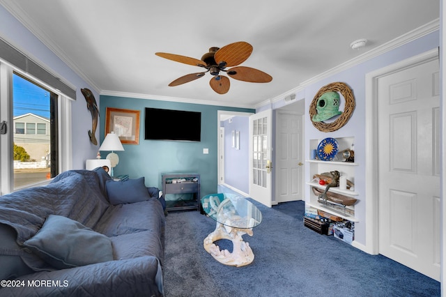 139 N St, Seaside Park, NJ 08752 - living room with ornamental molding, carpet floors, and ceiling fan