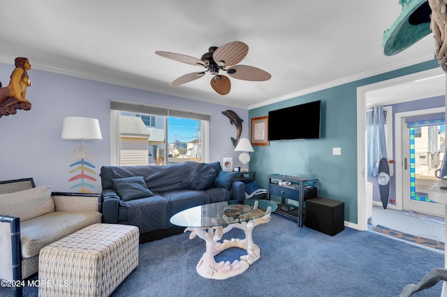 139 N St, Seaside Park, NJ 08752 - carpeted living room with healthy amount of natural light, crown molding, and ceiling fan