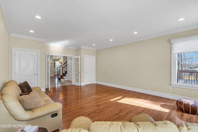 208 Imperial Ct, Lakewood, NJ 08701 - living room with stairs, recessed lighting, wood finished floors, and ornamental molding