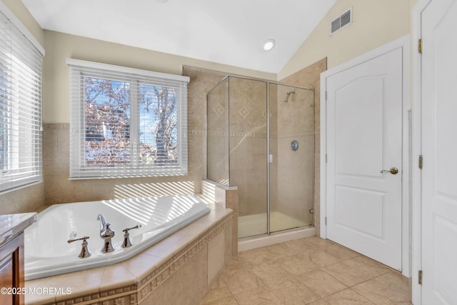 208 Imperial Ct, Lakewood, NJ 08701 - bathroom featuring a stall shower, a bath, and lofted ceiling