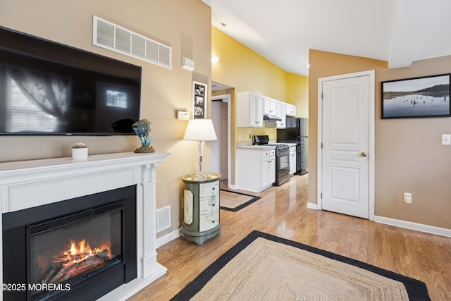 2015 Whitcomb Rd, Forked River, NJ 08731 - living area with a glass covered fireplace, light wood-style flooring, and vaulted ceiling