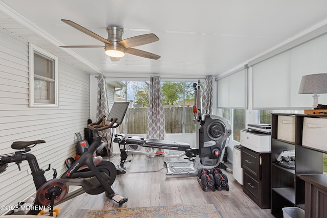 2015 Whitcomb Rd, Forked River, NJ 08731 - exercise room featuring wood finished floors, ceiling fan, and wooden walls