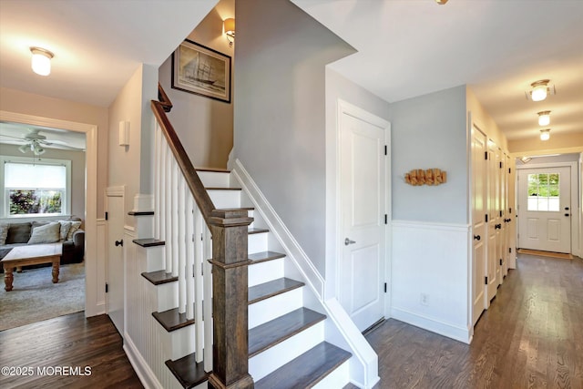 708 Lyman Ave, Brielle, NJ 08730 - stairs featuring wood finished floors, a ceiling fan, and wainscoting