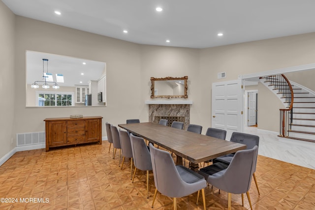 222 Bartley Rd, Jackson, NJ 08527 - dining area with stairs, recessed lighting, and a fireplace