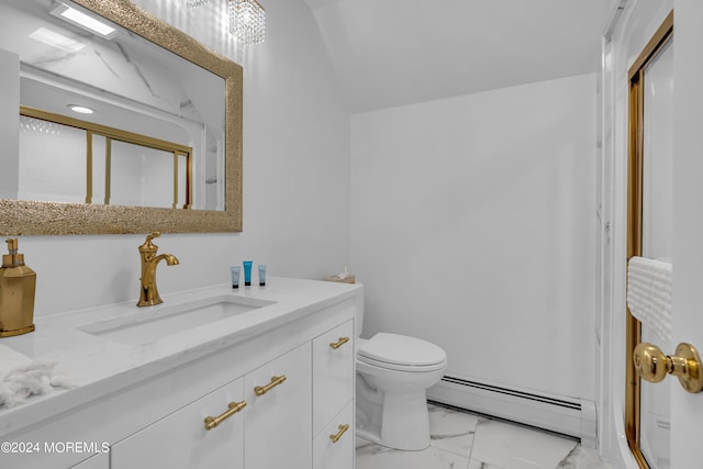 222 Bartley Rd, Jackson, NJ 08527 - full bath featuring marble look tile flooring, a baseboard heating unit, vanity, an enclosed shower, and lofted ceiling