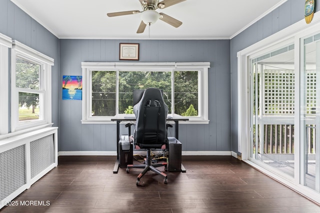 49 Highland Ave, Leonardo, NJ 07737 - workout room featuring radiator heating unit, dark wood finished floors, crown molding, and ceiling fan