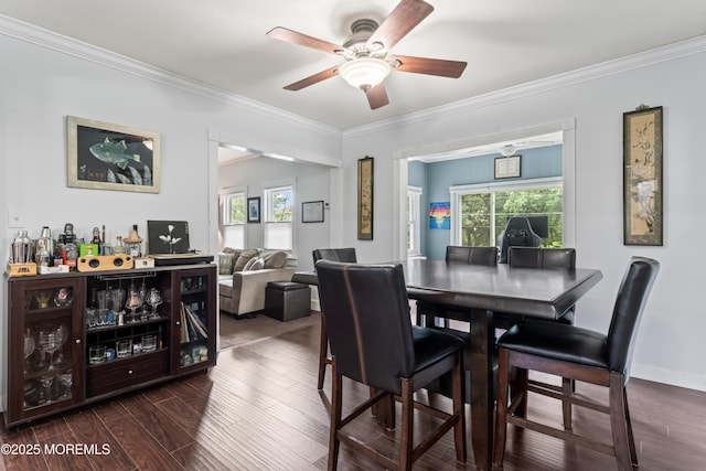 49 Highland Ave, Leonardo, NJ 07737 - dining space with dark wood-style flooring, a ceiling fan, plenty of natural light, and ornamental molding