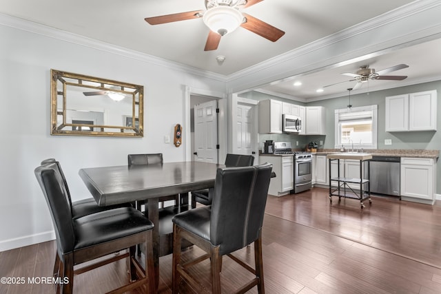 49 Highland Ave, Leonardo, NJ 07737 - dining space featuring ceiling fan, ornamental molding, dark wood-type flooring, and recessed lighting