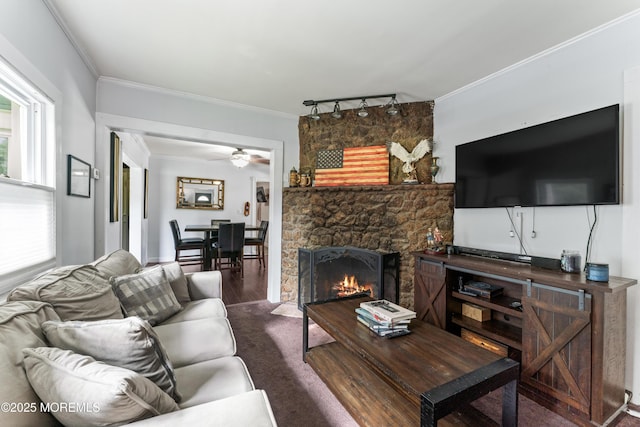 49 Highland Ave, Leonardo, NJ 07737 - living area with ornamental molding, ceiling fan, wood finished floors, a fireplace, and track lighting
