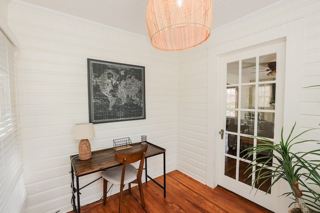 office space with ornamental molding, wood finished floors, and ceiling fan