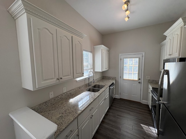 kitchen featuring dark wood-type flooring, plenty of natural light, appliances with stainless steel finishes, and a sink