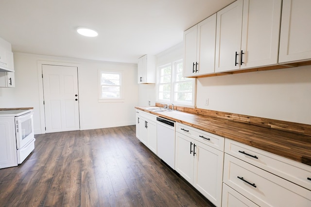 101 Hambleton St, Thomasville, GA 31792 - kitchen featuring white appliances, butcher block countertops, dark wood-type flooring, and white cabinetry