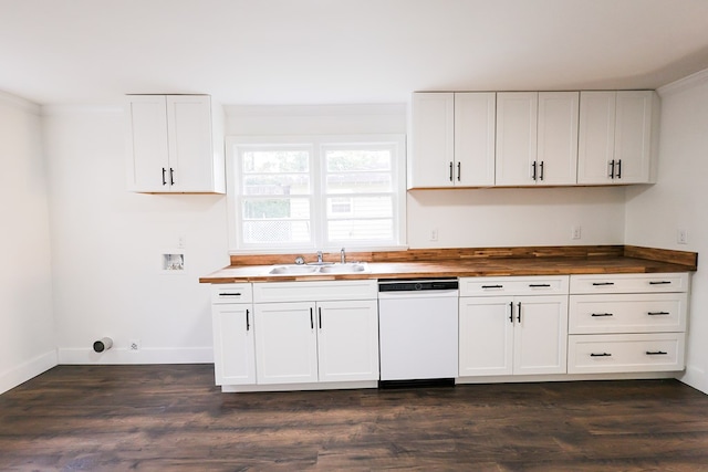 101 Hambleton St, Thomasville, GA 31792 - kitchen with dishwasher, butcher block countertops, white cabinetry, and dark wood-type flooring